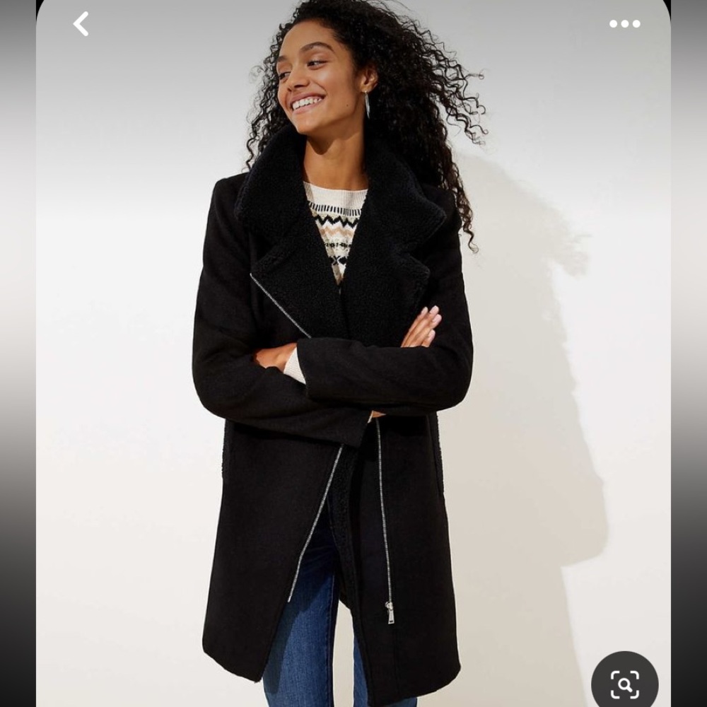 Loft Wool-Blend Funnel Shearling Coat